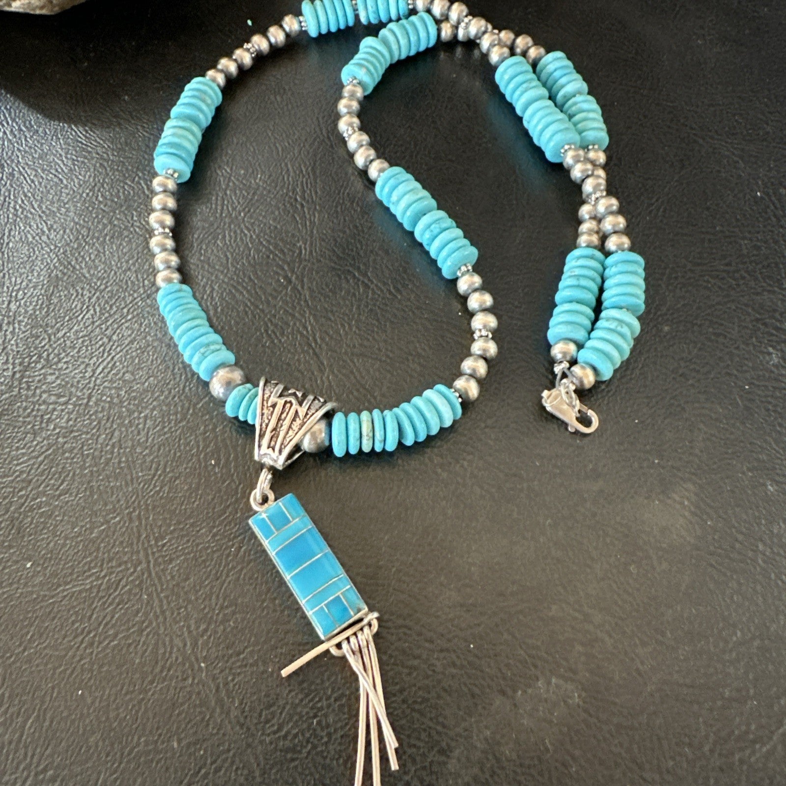 Blue Turquoise Inlay Pendant Navajo Sterling Silver Necklace 19514