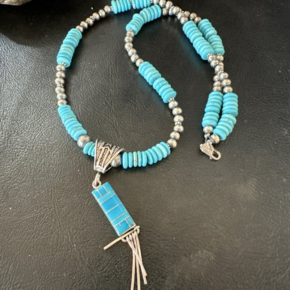 Blue Turquoise Inlay Pendant Navajo Sterling Silver Necklace 19514