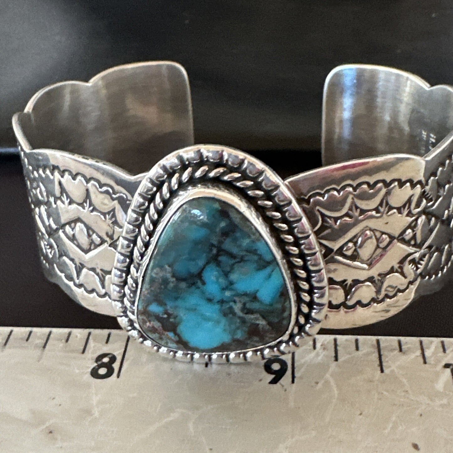Navajo Blue TURQUOISE Stamped Sterling Silver Cuff Bracelet 8.3" 18716