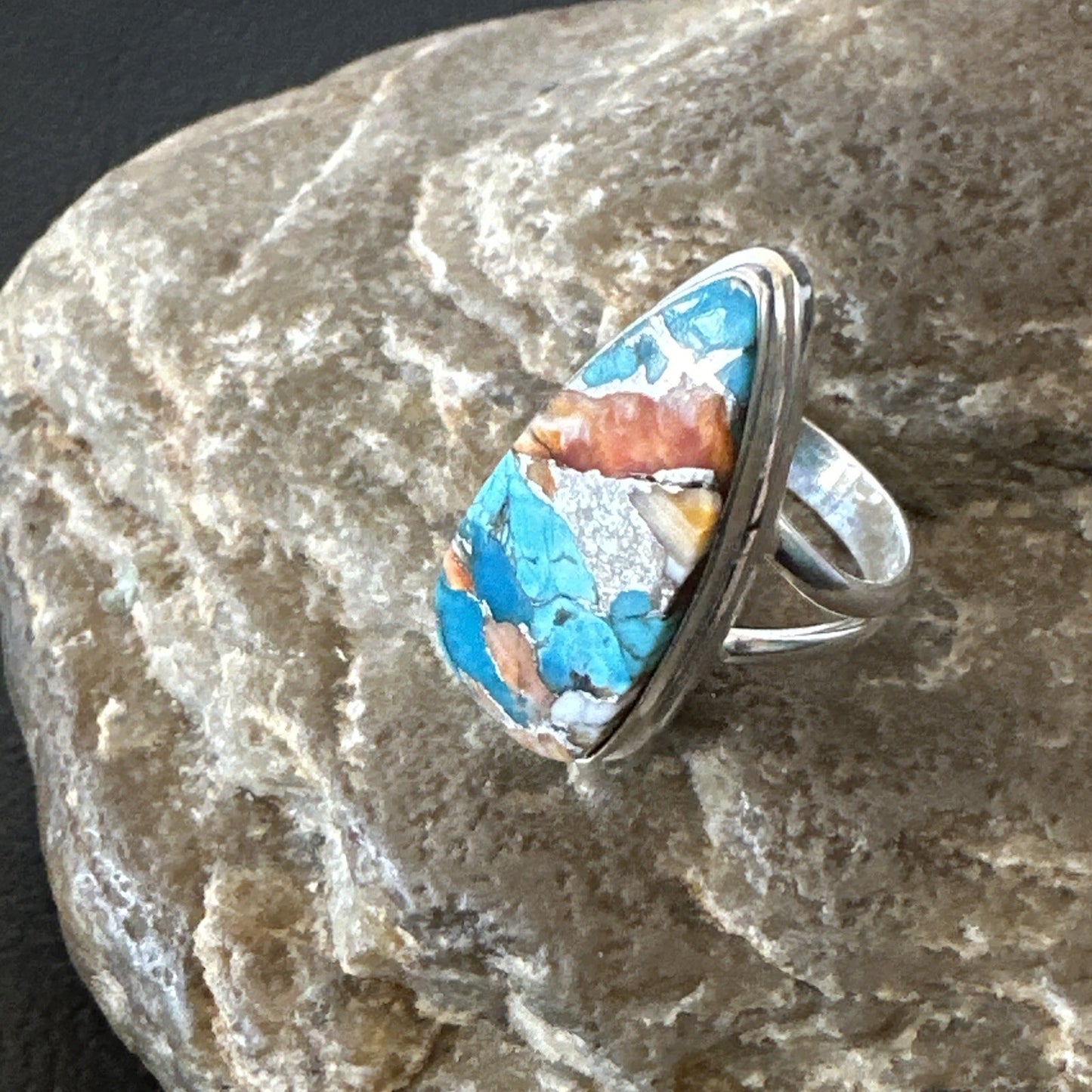 Blue Turquoise Spiny Oyster Southwestern Sterling Silver Ring Size 5 18501