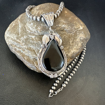Mens Womens Black Onyx Pendant Navajo Sterling Silver Beads Necklace 18352