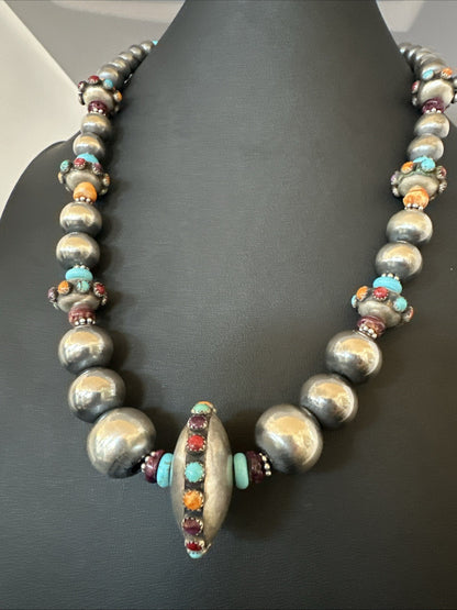 Multicolor Spiny Navajo Pearls Turquoise Sterling Silver Necklace 23” 19447
