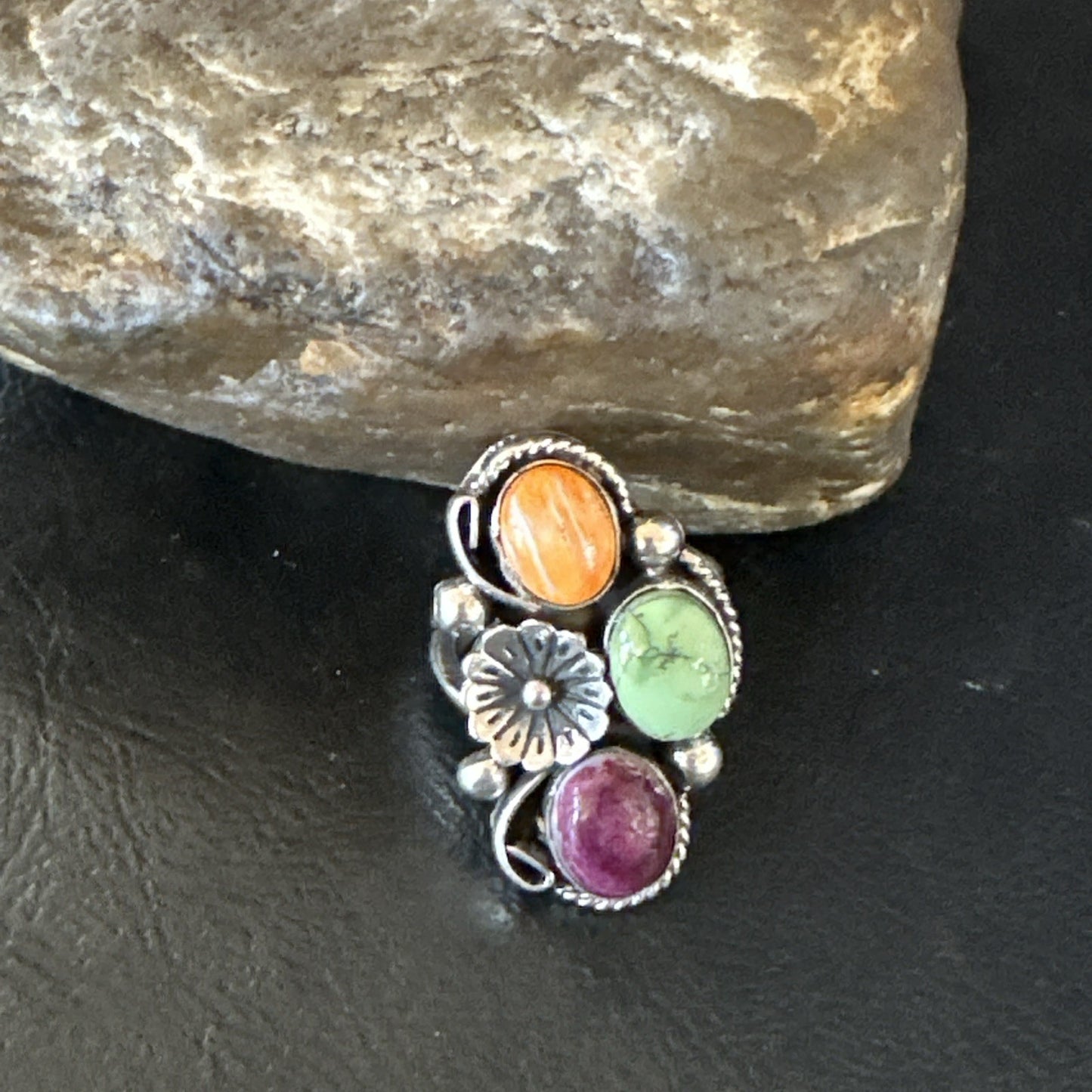 Multicolor Ring Turquoise Spiny Navajo Sterling Silver Cluster Size 7 19179