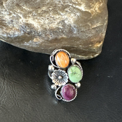 Multicolor Ring Turquoise Spiny Navajo Sterling Silver Cluster Size 7 19179
