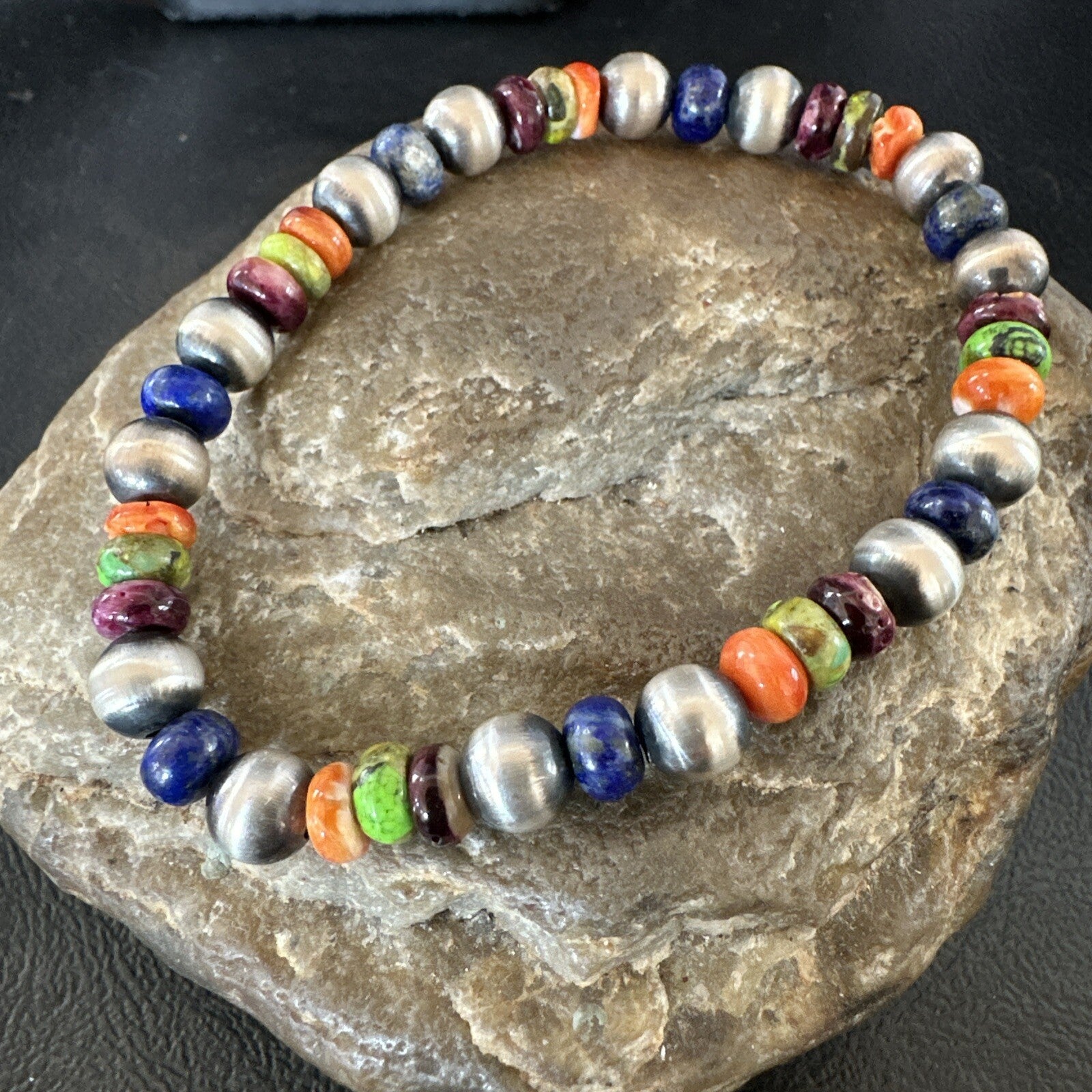 Multicolor Lapis Turquoise Stretch Bead Bracelet Navajo Sterling Silver 17907