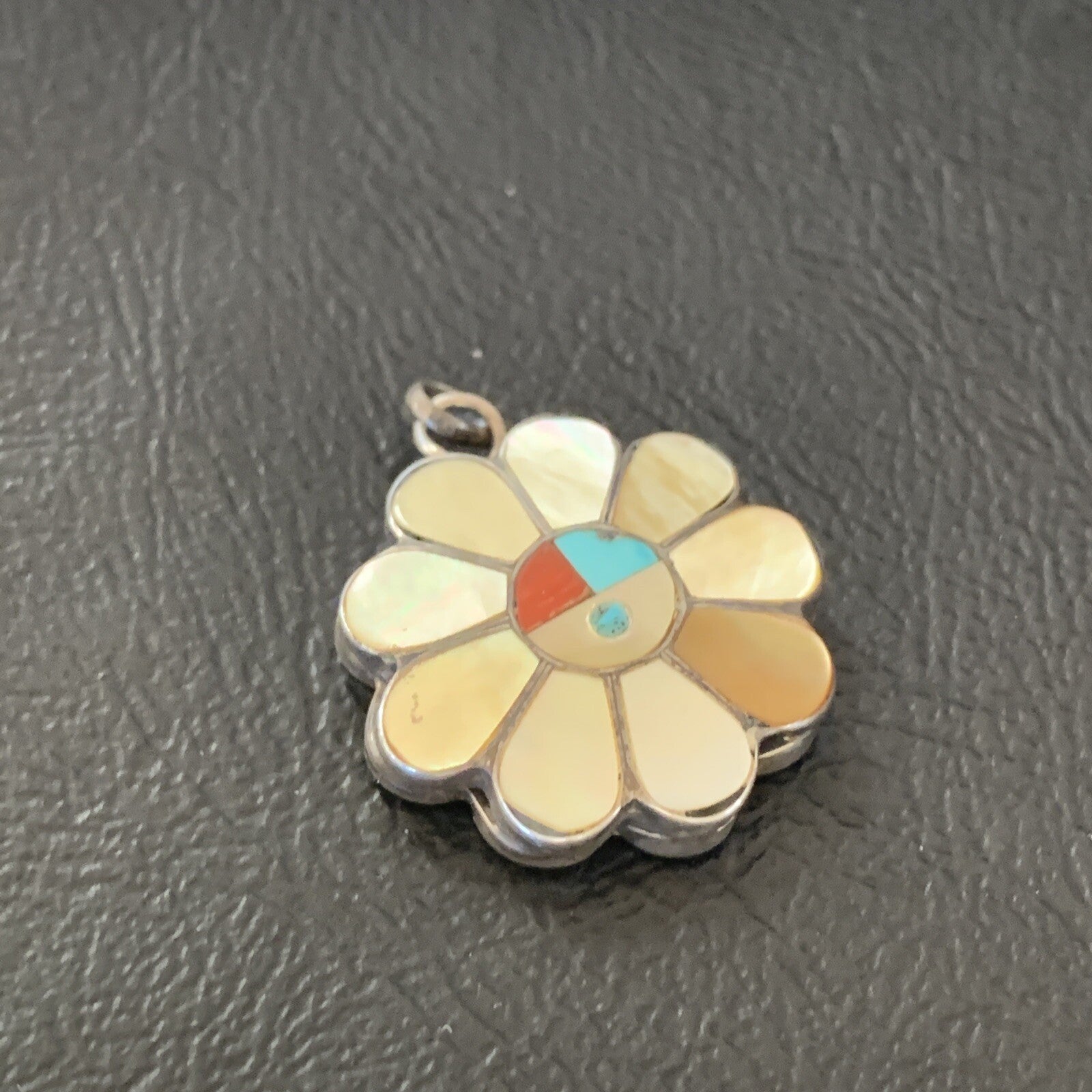 Mother Of Pearl Turquoise Spiny Inlay Zuni Sterling Silver 2 Sided Pendant 1683