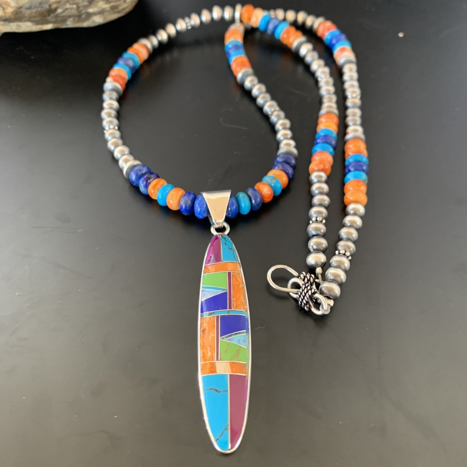 Spiny Oyster & Turquoise Pendant Sterling Silver Beads Necklace 21" 11639