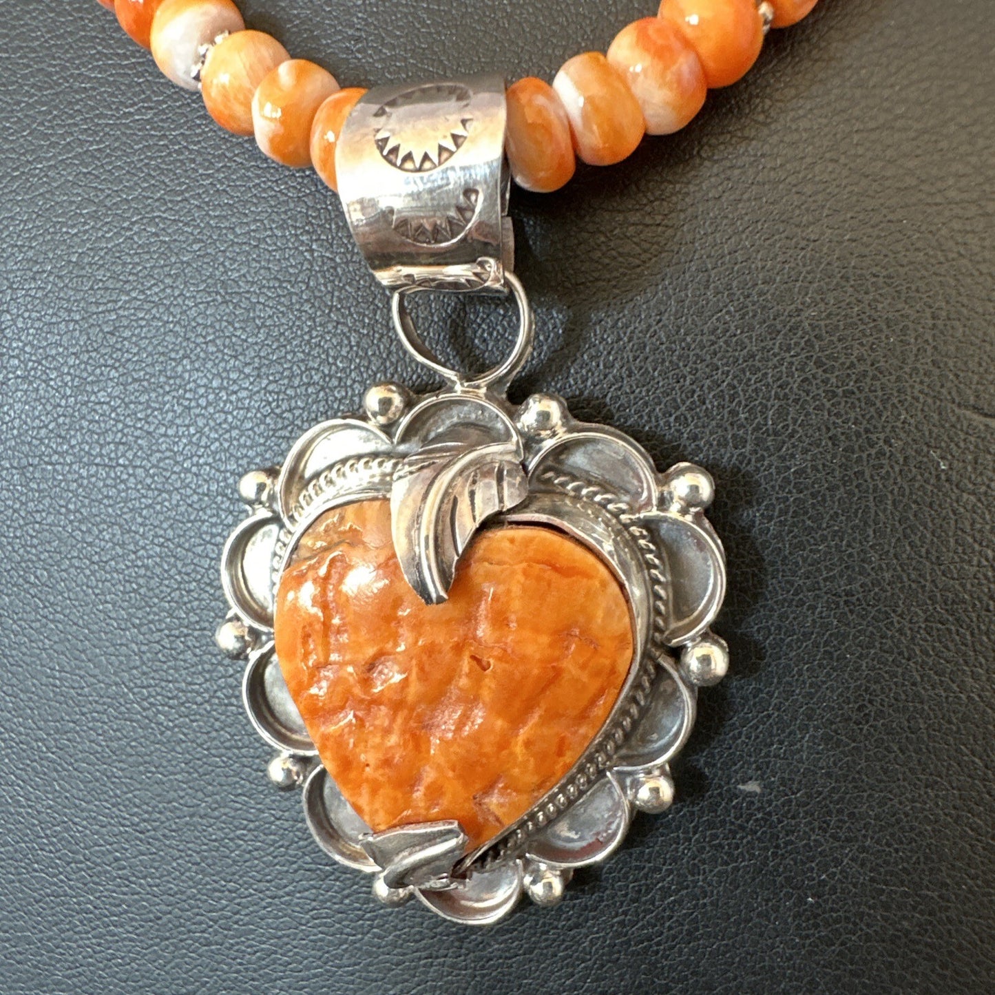 Orange Spiny Oyster Heart Pendant Navajo Sterling Silver Necklace Halloween16293
