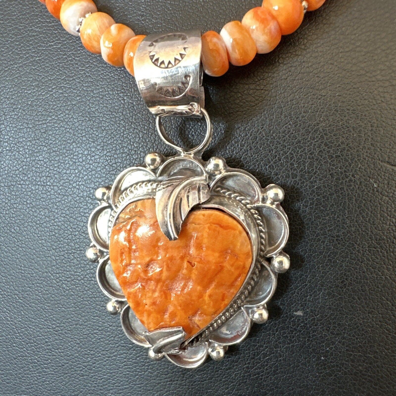 Orange Spiny Oyster Heart Pendant Navajo Sterling Silver Necklace Halloween16293