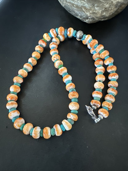Orange Spiny Oyster Turquoise Navajo Sterling Silver Beads 22” Necklace 19164