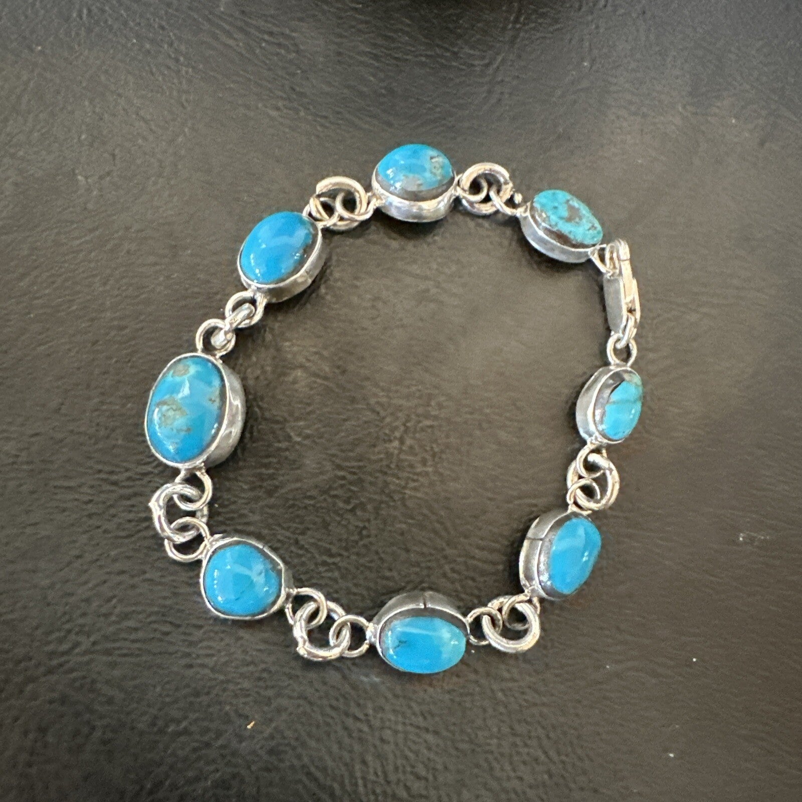 Blue Kingman Turquoise Navajo Sterling Silver Link Bracelet 8” 18301