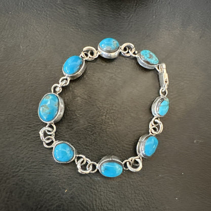 Blue Kingman Turquoise Navajo Sterling Silver Link Bracelet 8” 18301