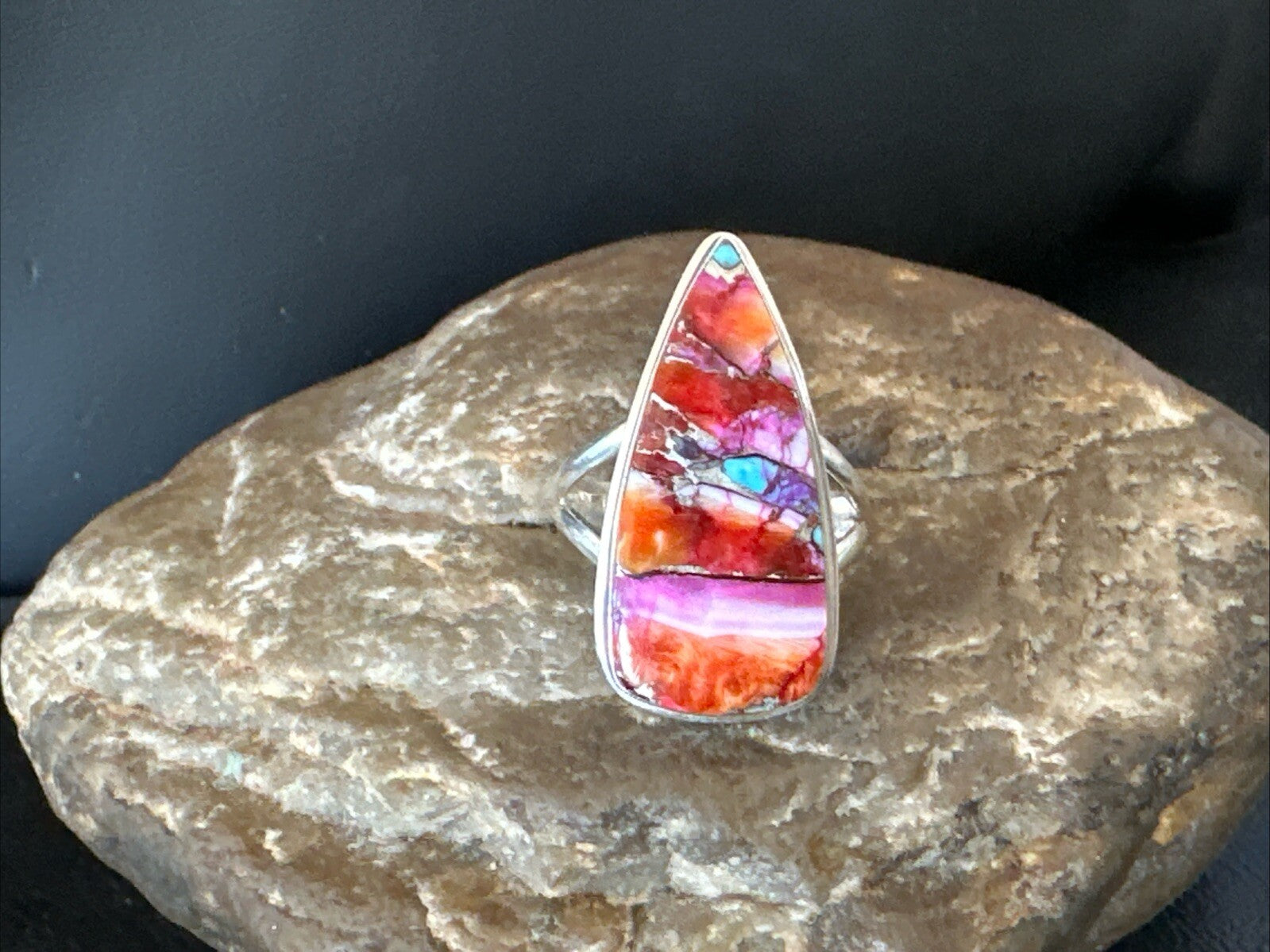 Blue Turquoise Spiny Oyster Southwestern Sterling Silver Ring Size 8.5 18545