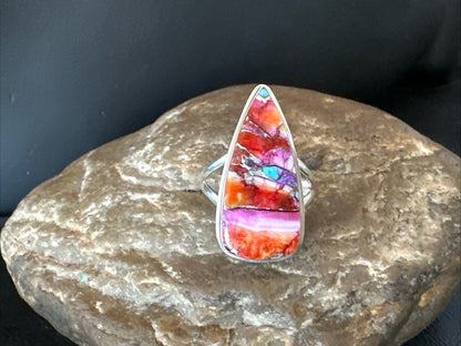 Blue Turquoise Spiny Oyster Southwestern Sterling Silver Ring Size 8.5 18545