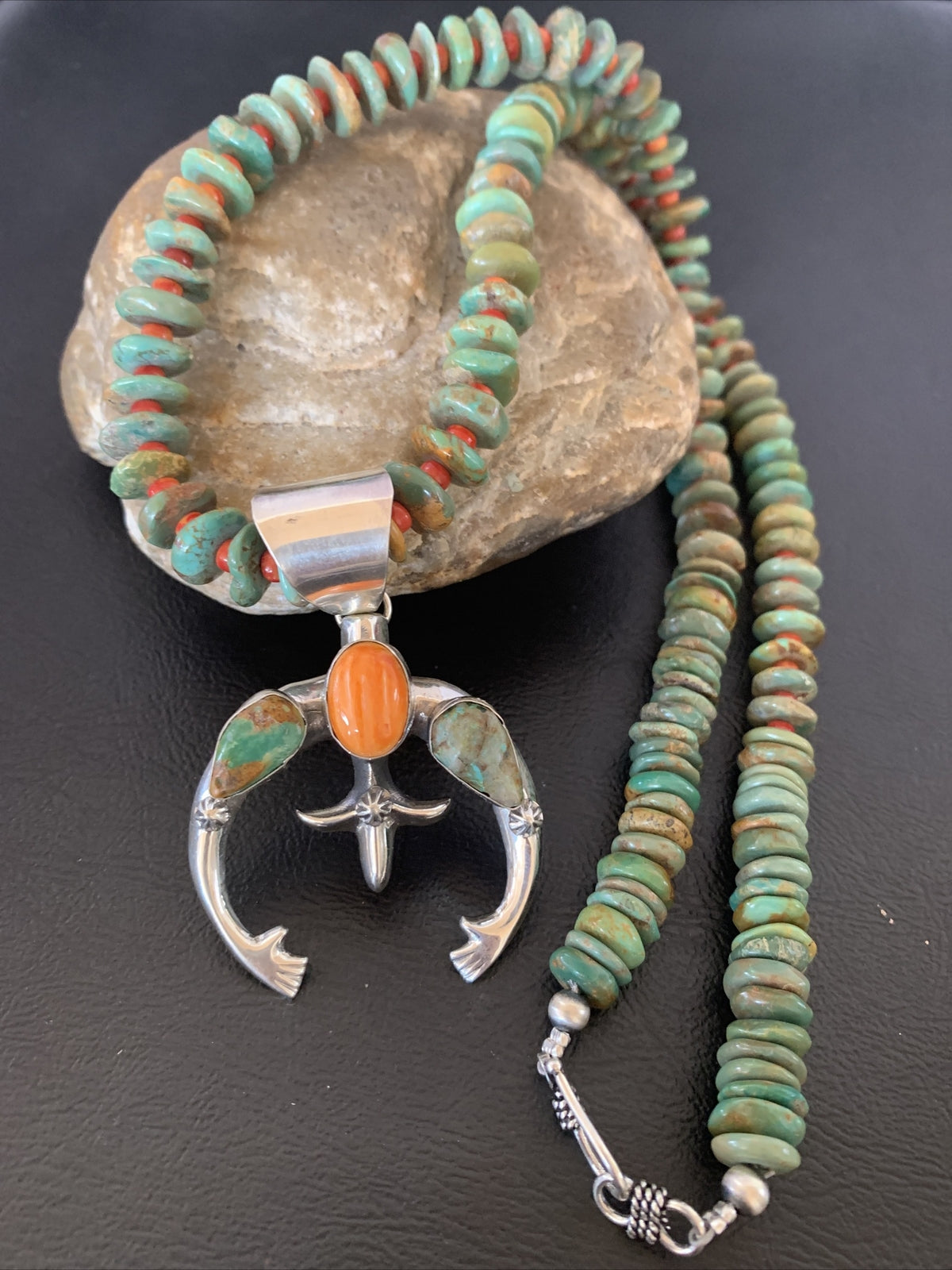 Blue Turquoise Spiny Oyster Naja Pendant Navajo Sterling Silver Necklace 10255