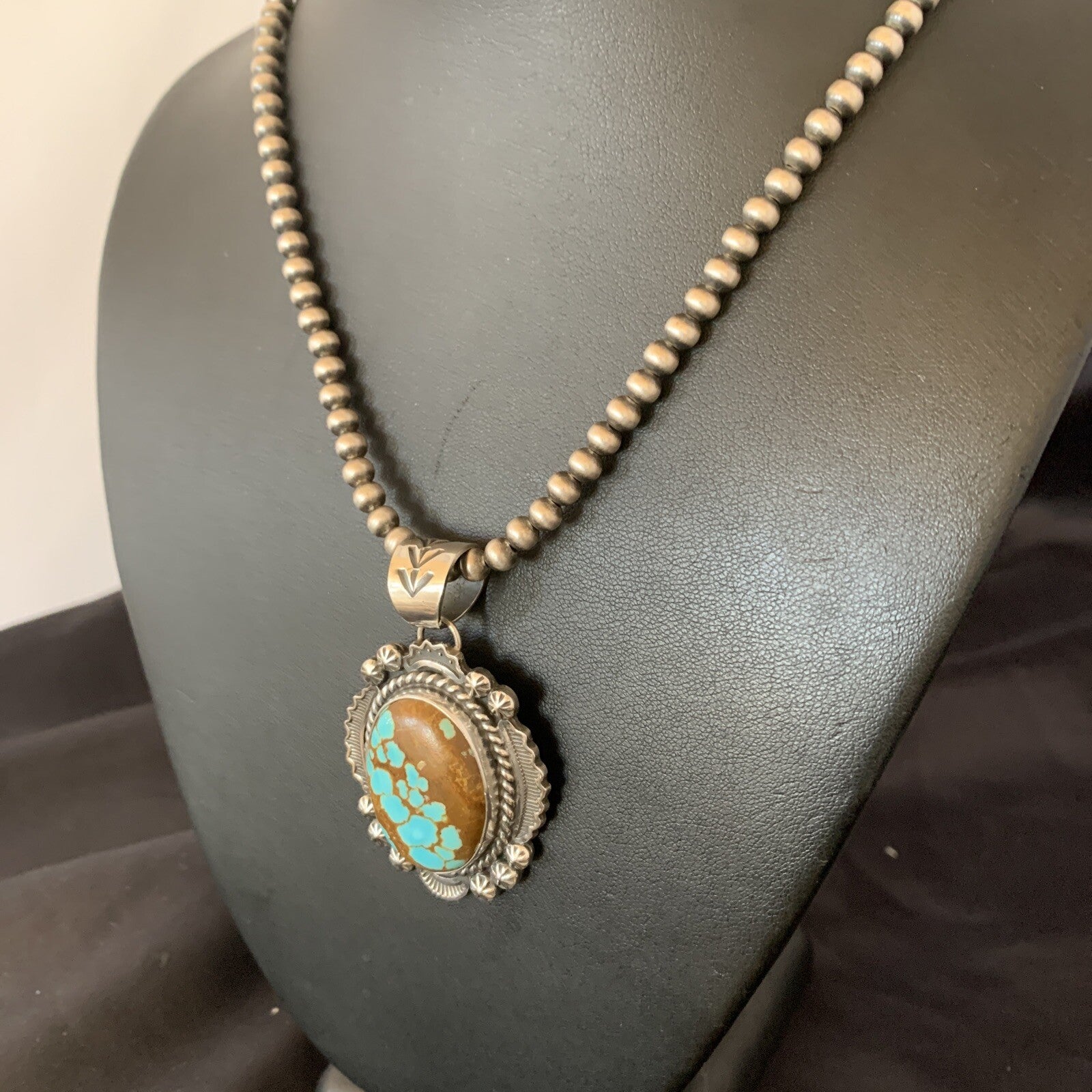 Mens Blue Turquoise #8 Pendant Navajo Pearls Sterling Silver Necklace 10866