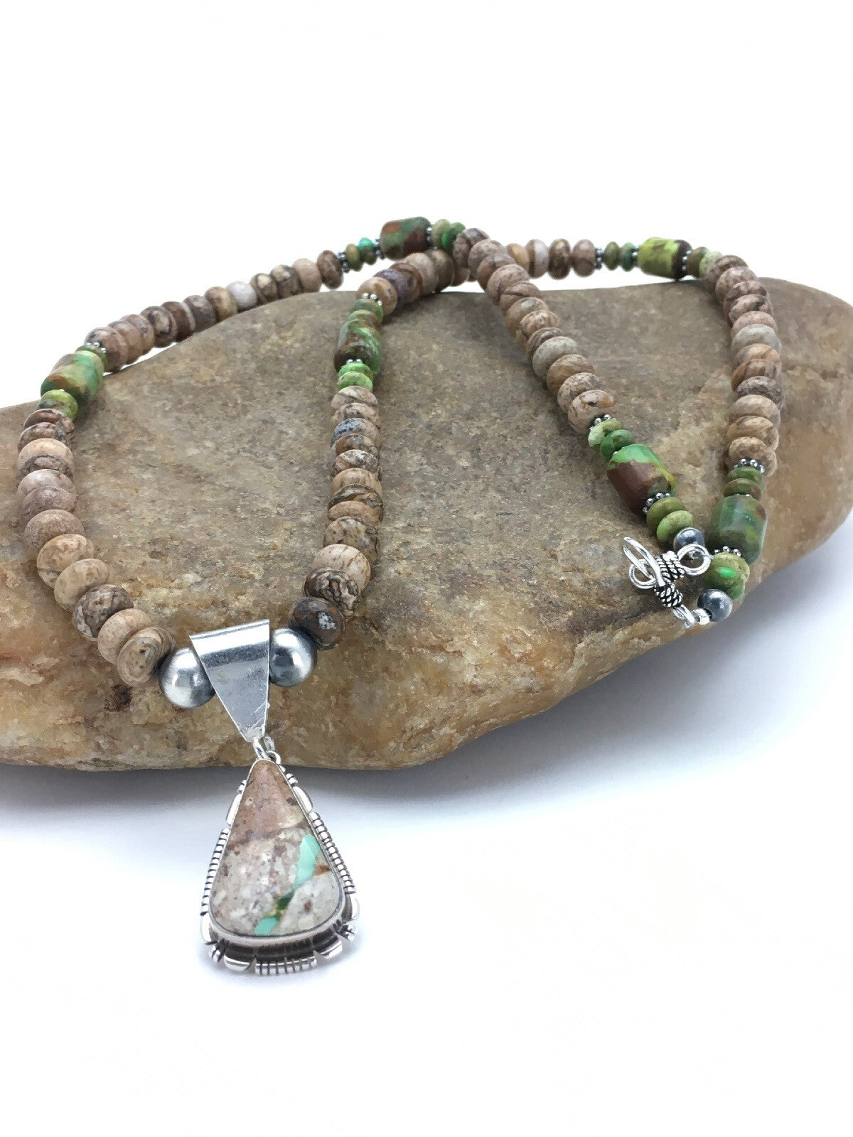 Green Turquoise & Picture Jasper Navajo Sterling Silver Necklace 02611