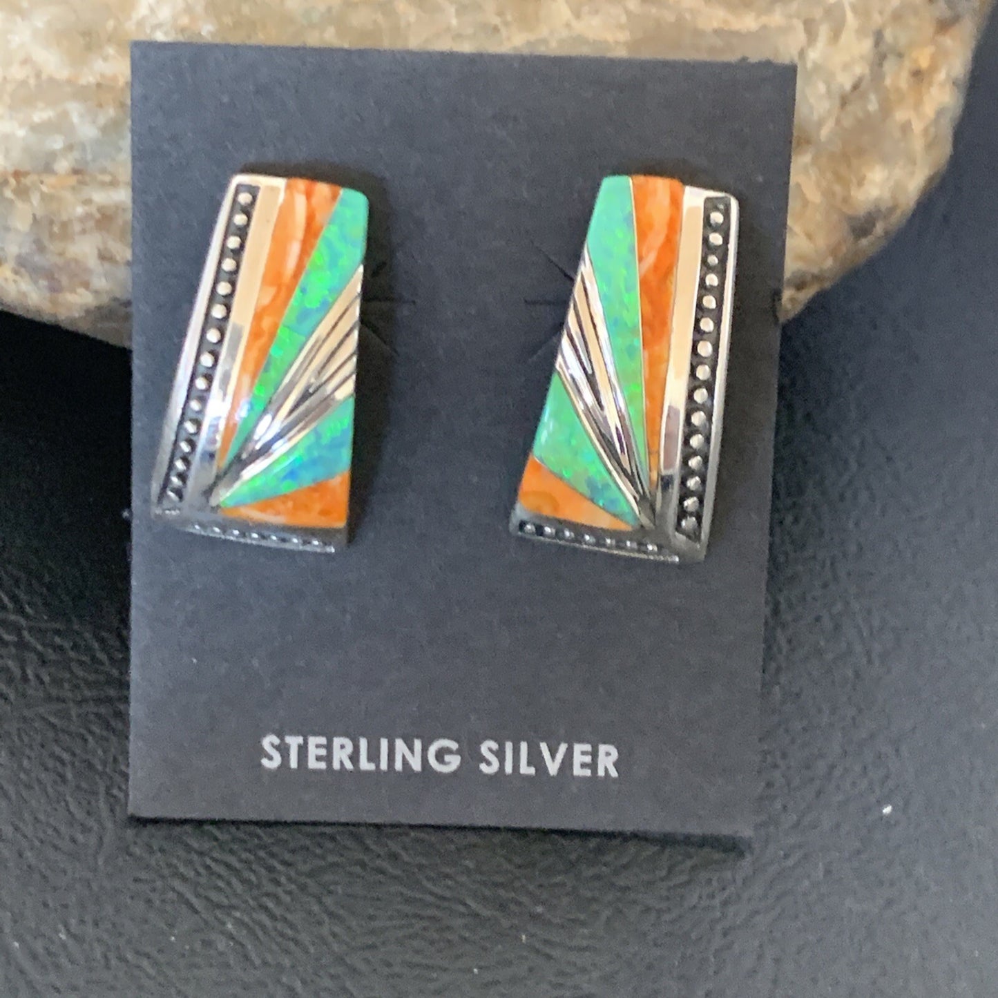 Navajo Blue Opal Oran Spiny Oyster Inlay Sterling Silver Earrings 12118