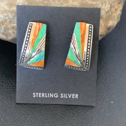 Navajo Blue Opal Oran Spiny Oyster Inlay Sterling Silver Earrings 12118