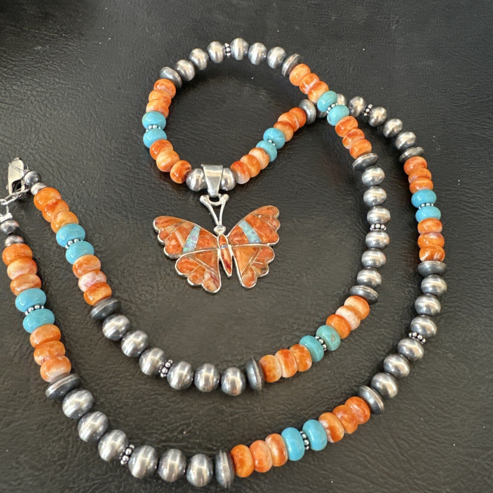 Butterfly Orange Spiny Turquoise Opal Sterling Silver  Necklace Pendant 18677