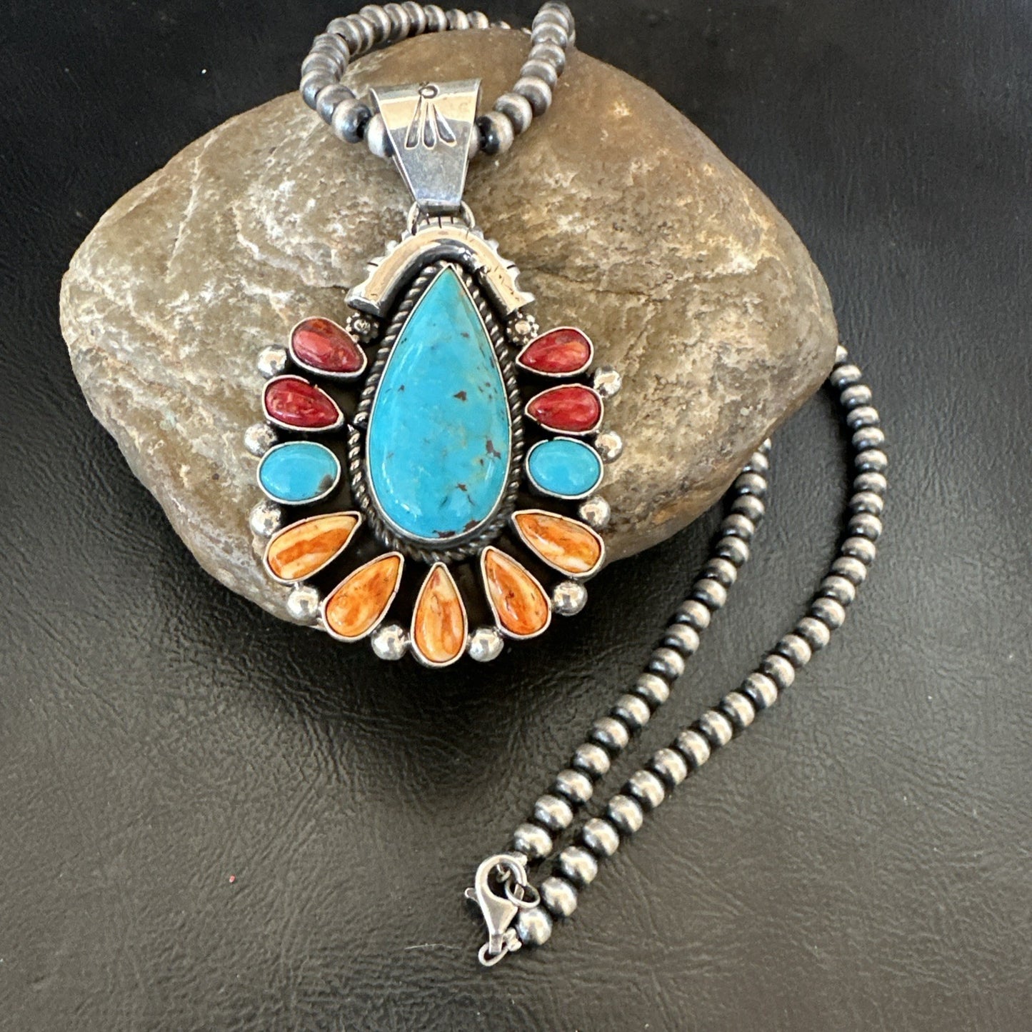 Multicolor Turquoise Spiny Navajo Sterling Silver Cluster Pendant Necklace 19561