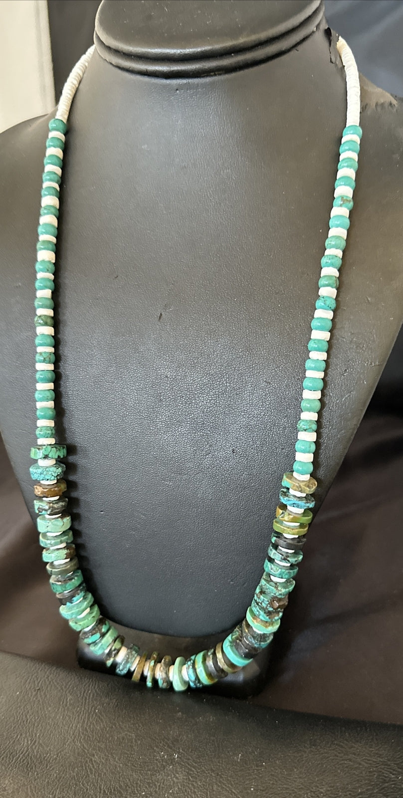 Navajo Blue Turquoise Shell Heishi Sterling Silver Bead 25” Necklace 17853