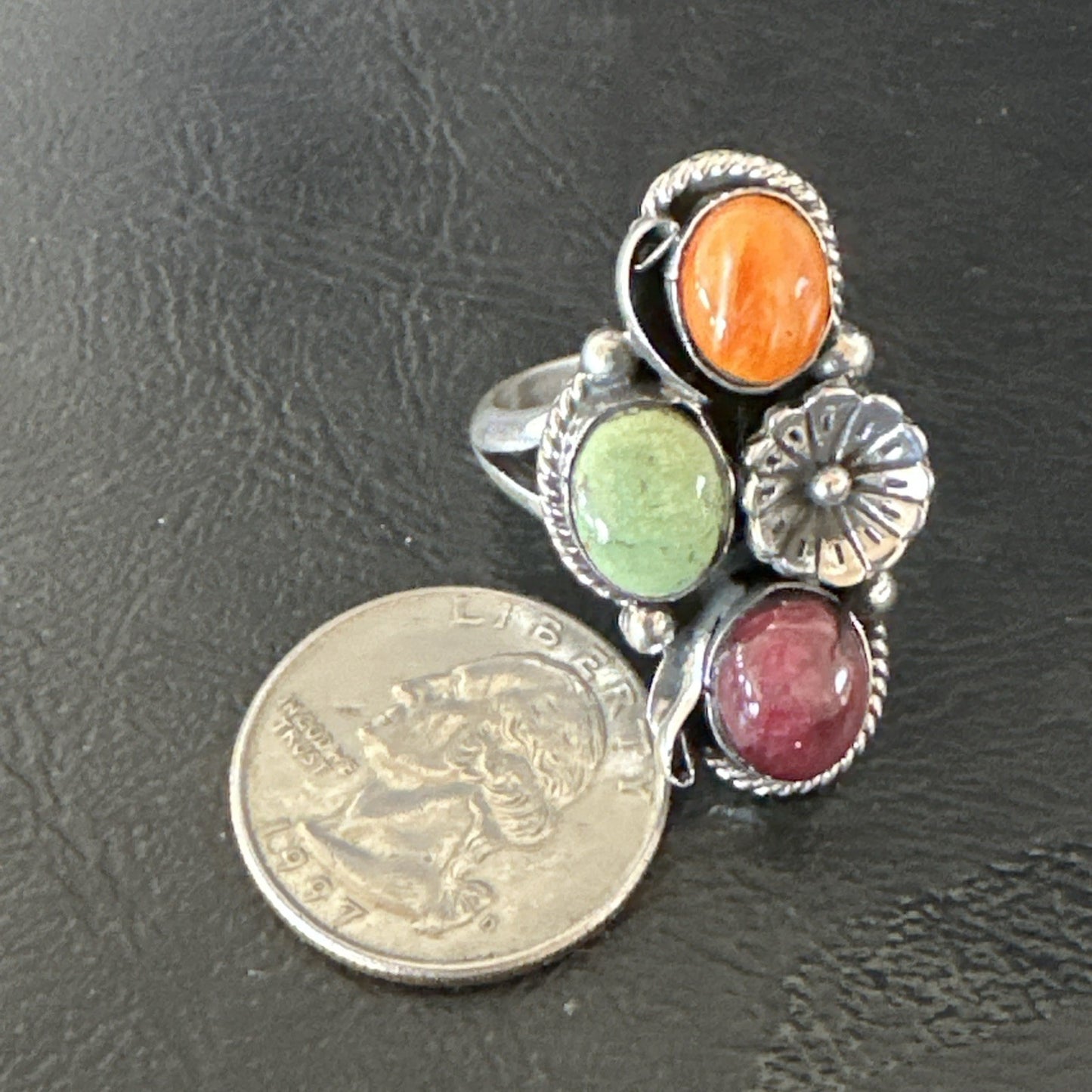 Multicolor Ring Turquoise Spiny Navajo Sterling Silver Cluster Size 8 19169