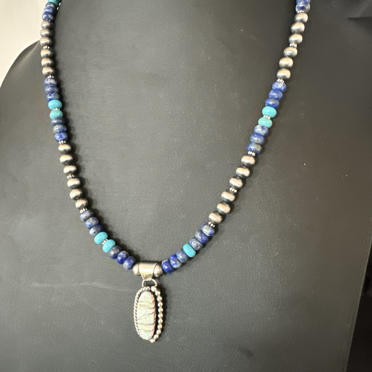 Blue Turquoise White Opal Pendant Lapis Navajo Sterling Silver Necklace 19471