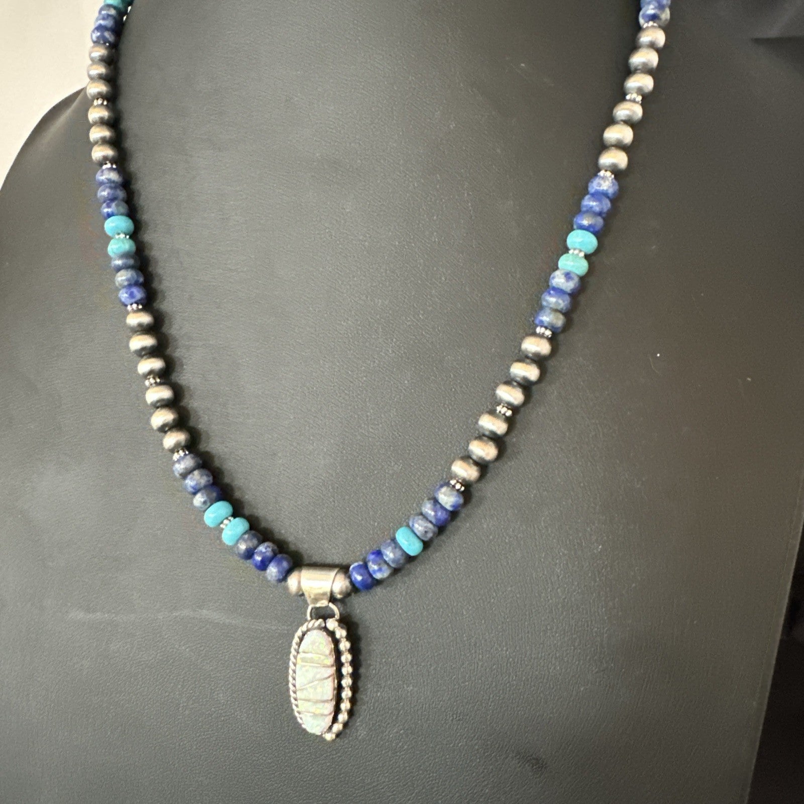 Blue Turquoise White Opal Pendant Lapis Navajo Sterling Silver Necklace 19471