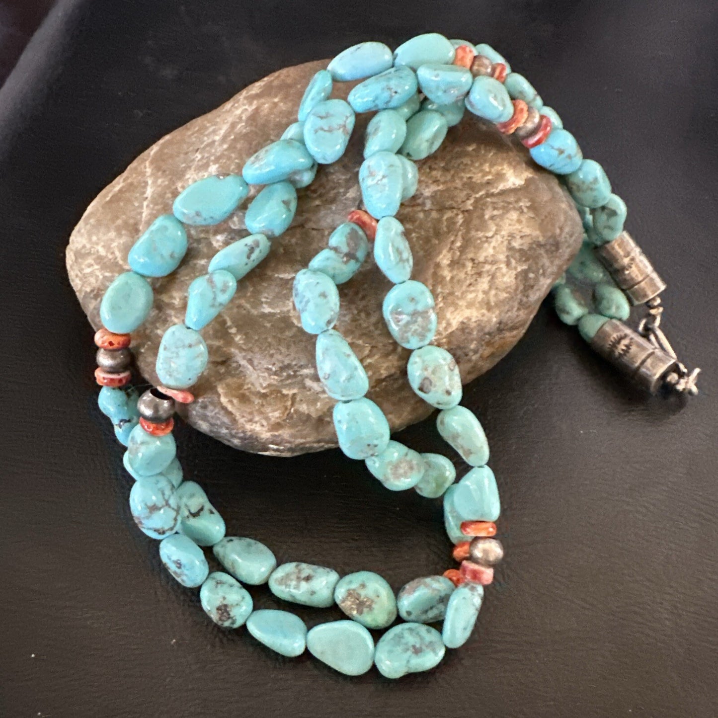 Spiny Oyster Nacosari Turquoise 2S Navajo Sterling Silver Necklace 19" 17785