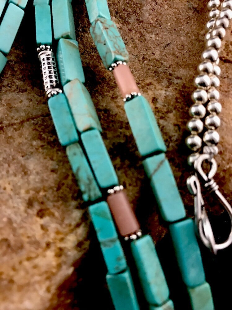 Navajo 3S Stabilized Blue Turquoise Pink Opal Bead Sterling Silver Necklace1201