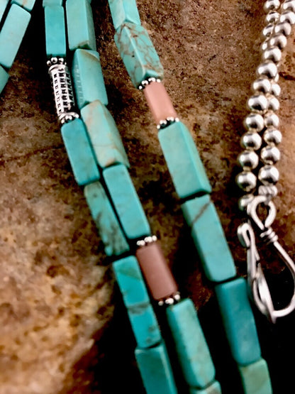 Navajo 3S Stabilized Blue Turquoise Pink Opal Bead Sterling Silver Necklace1201