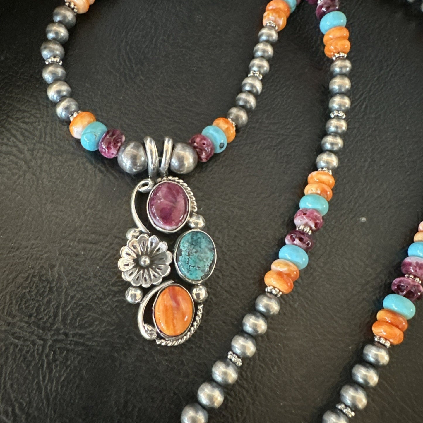 Multicolor Turquoise Spiny Navajo Sterling Silver Cluster Pendant Necklace 19642