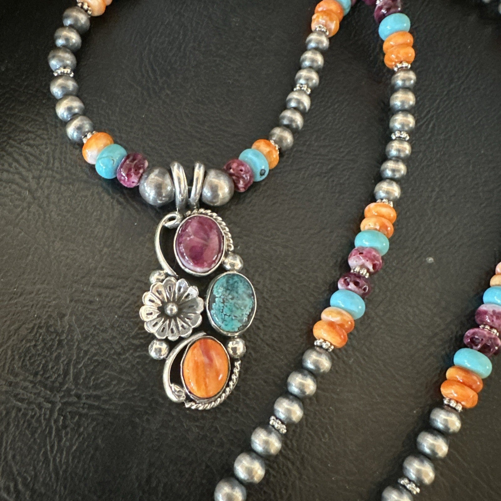 Multicolor Turquoise Spiny Navajo Sterling Silver Cluster Pendant Necklace 19642