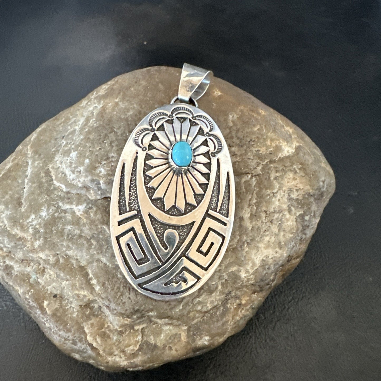 Hopi Native American Turquoise Pendant  Stamped Sterling Silver 2.5” 19686