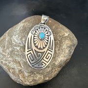 Hopi Native American Turquoise Pendant  Stamped Sterling Silver 2.5” 19686