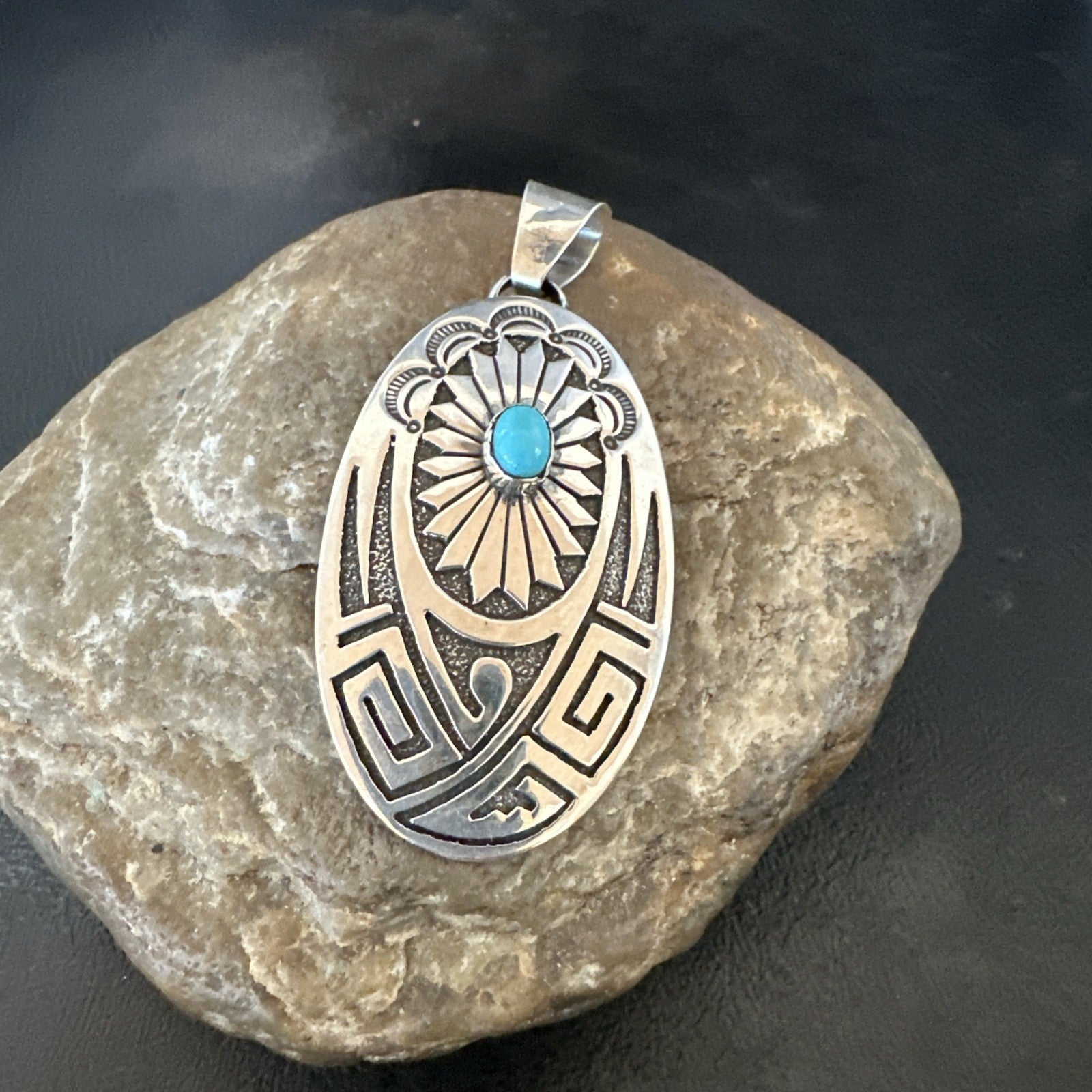 Hopi Native American Turquoise Pendant  Stamped Sterling Silver 2.5” 19686