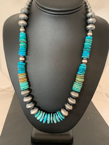 Blue Green Turquoise Beads Navajo Pearls Sterling Silver Necklace 4697