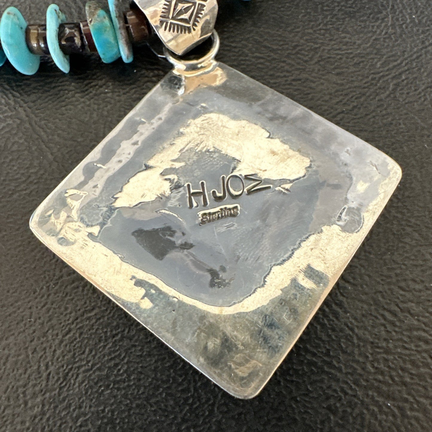 Navajo Blue Turquoise Stamped Pendant Shell Sterling Silver 28” Necklace 19705