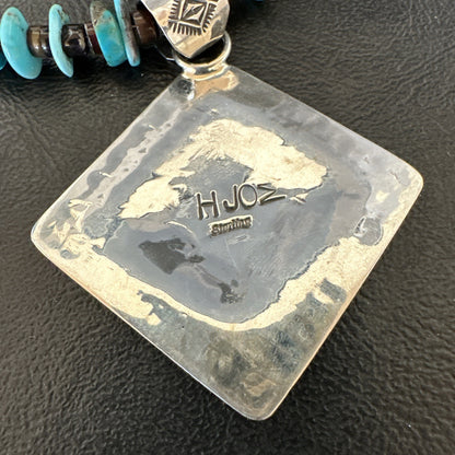 Navajo Blue Turquoise Stamped Pendant Shell Sterling Silver 28” Necklace 19705