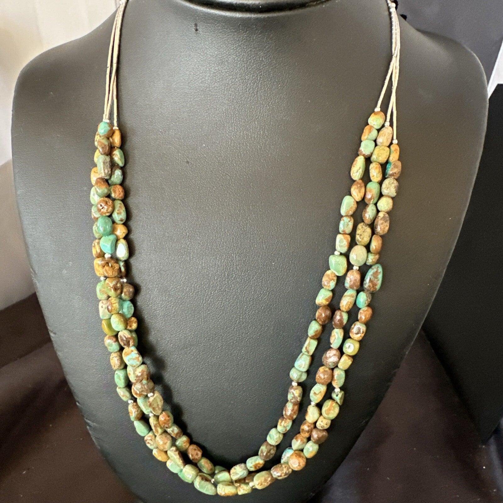 Sterling Silver Beads Heishi Green Turquoise 3 Strands Necklace 18821