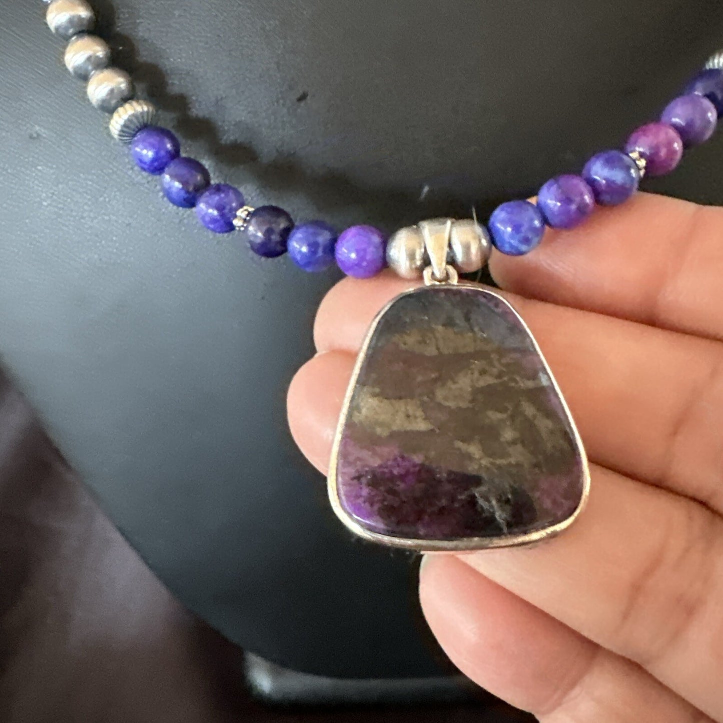 Purple Stone Pendant Navajo Pearls Sterling Silver Necklace 23" 17890