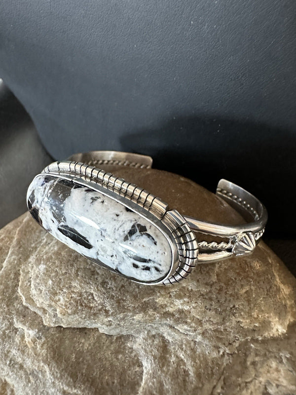 White Buffalo Turquoise Navajo Cuff Bracelet 7" | Sterling Silver | Authentic Native American Handmade | 19382