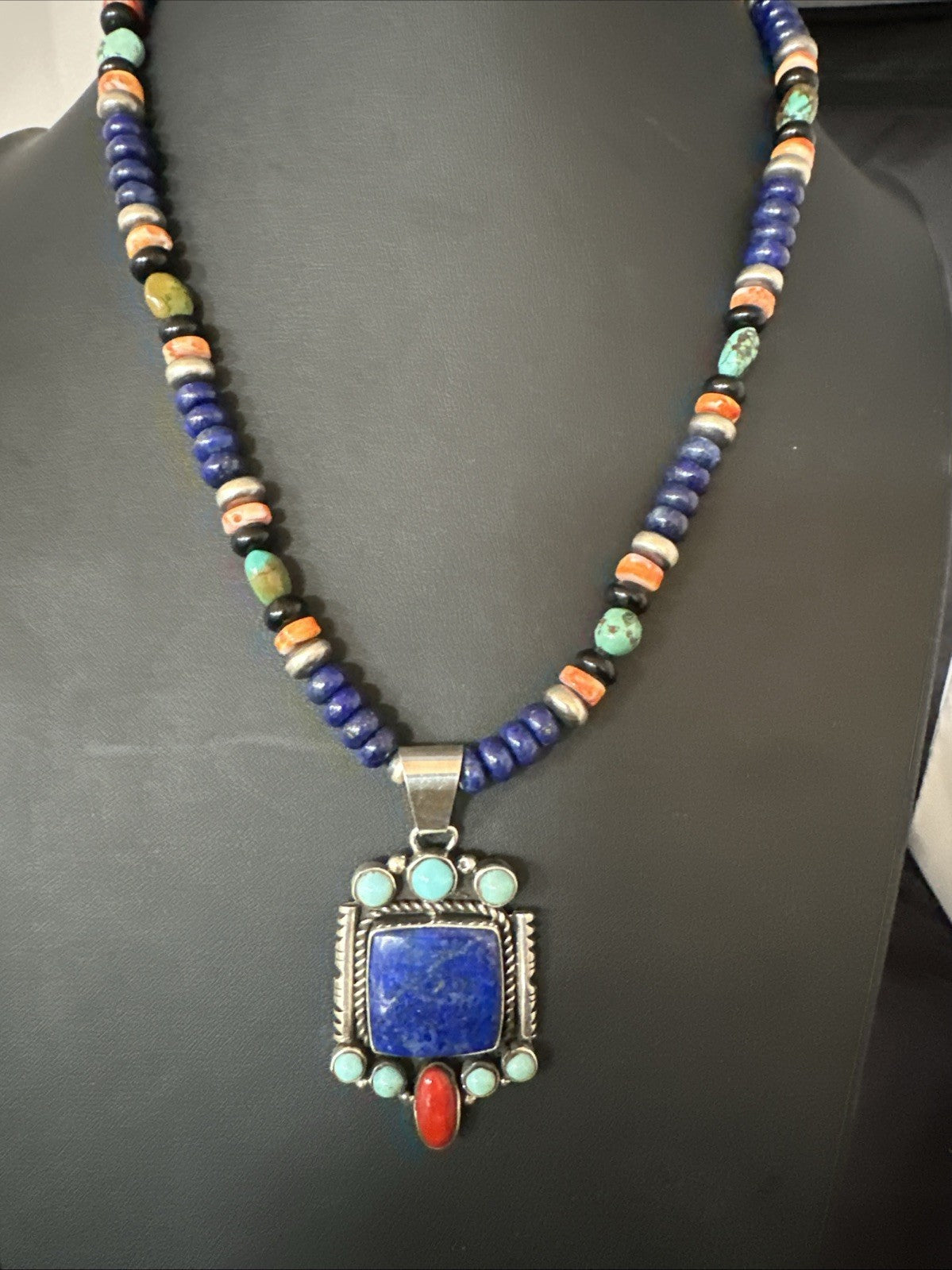 Multicolor Lapis Turquoise Pendant Navajo Sterling Silver Necklace 22” 19468