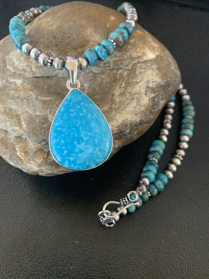 Womens Blue Kingman Turquoise Sterling Silver Beads Necklace Pendant 11692