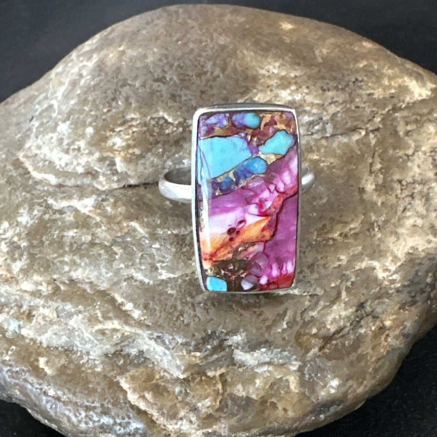 Blue Turquoise Spiny Oyster Southwestern Sterling Silver Ring Size 11 18453