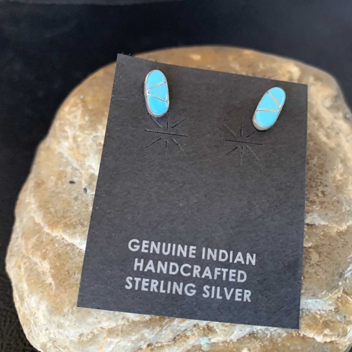 Zuni Handmade Kingman Turquoise Inlay Sterling Stud Post Earrings 13025