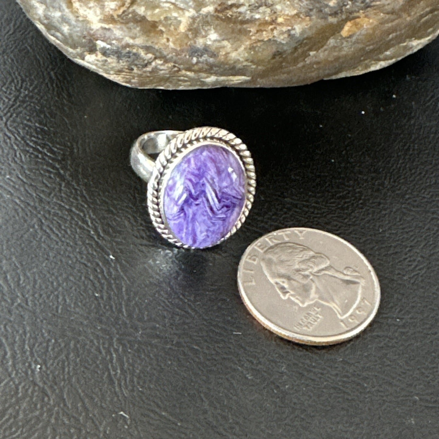 Womens Purple Charoite Navajo Sterling Silver Oval Ring Adjustable Size 9 17246