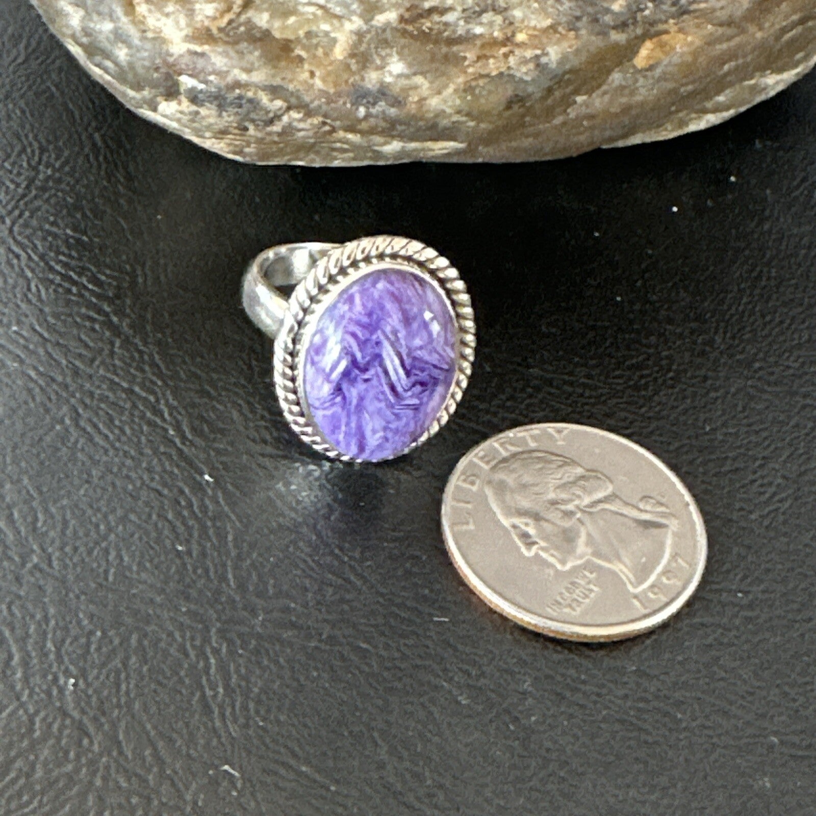 Womens Purple Charoite Navajo Sterling Silver Oval Ring Adjustable Size 9 17246