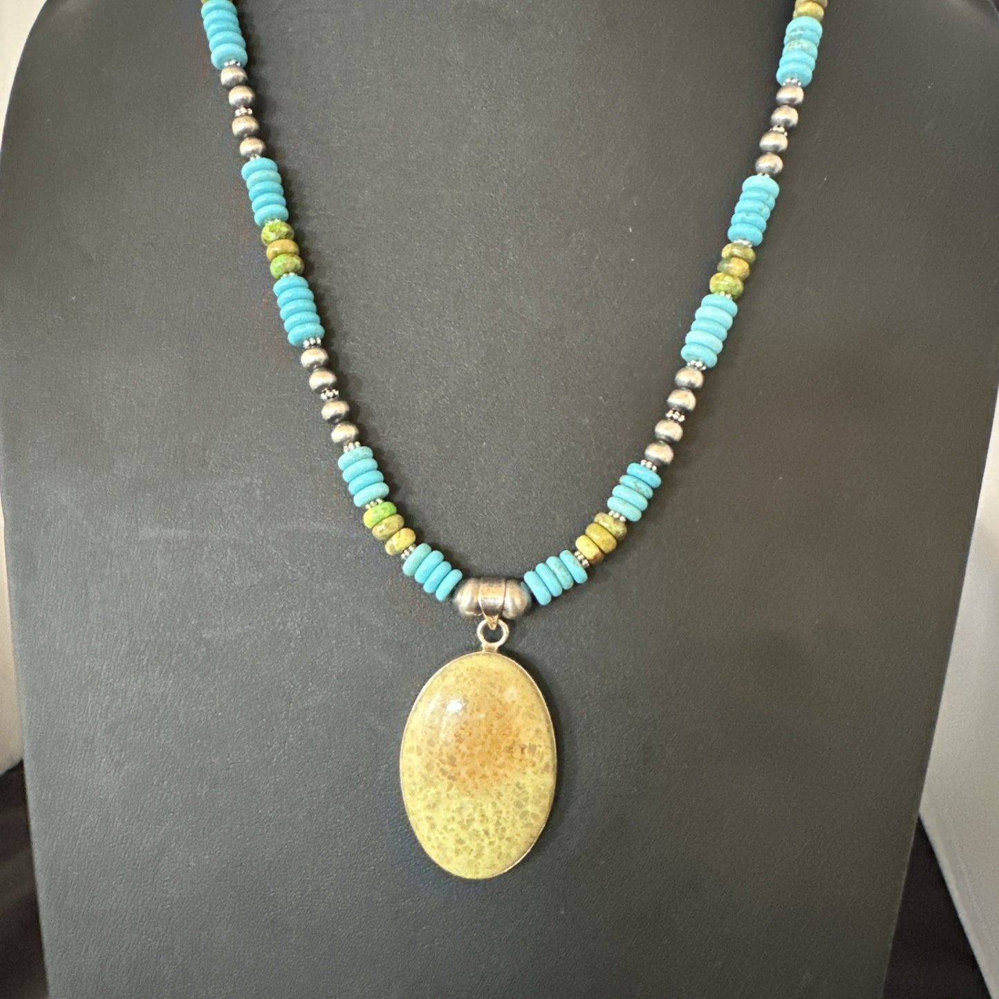 Green Gaspeite Pendant Blue Turquoise Navajo Sterling Silver Necklace 20" 19667